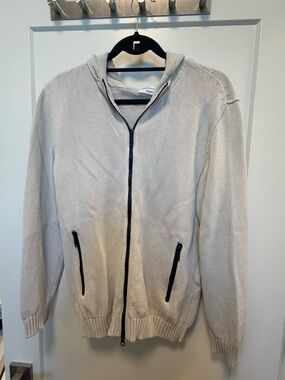 Men's Light Gray Full-Zip Hooded Knit Sweater